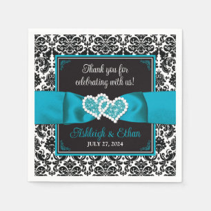Guardanapo De Papel Black Damask, Turquoise Love Hearts Casamento