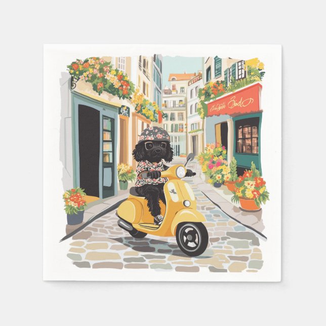Guardanapo De Papel Black Doodle Riding Scooter European City Streets (Frente)