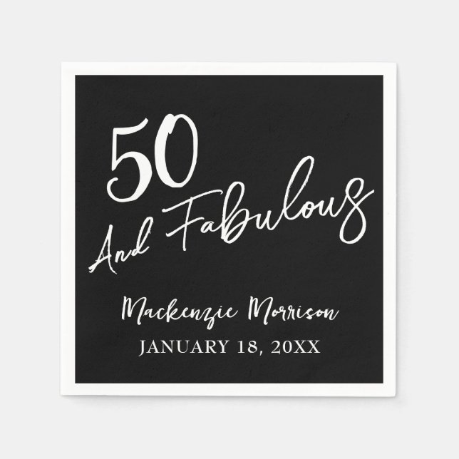 Guardanapo De Papel Black Fifty and Fabulous Script Birthday Party (Frente)