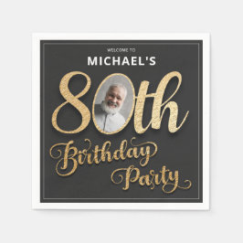 Guardanapo De Papel Black Gold Foil Custom Photo 80th Birthday 