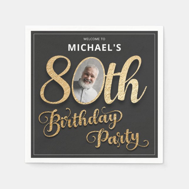 Guardanapo De Papel Black Gold Foil Custom Photo 80th Birthday  (Frente)