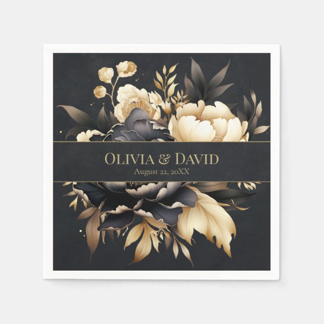 Guardanapo De Papel Black & Gold Peony Wedding Napkins (Frente)