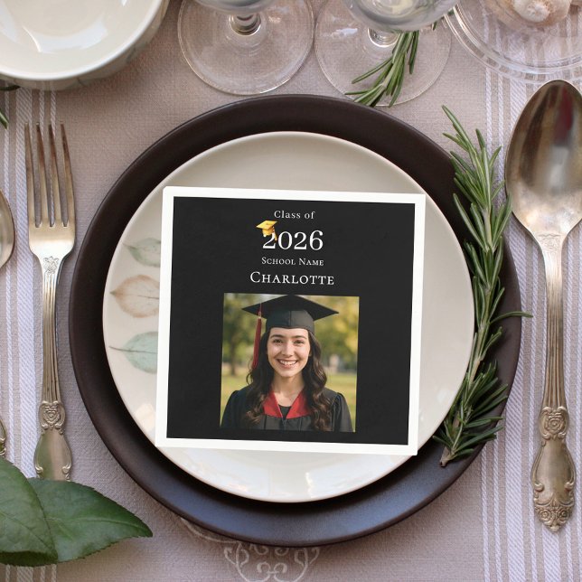 Guardanapo De Papel Black photo modern Graduation Party luncheon (Criador carregado)