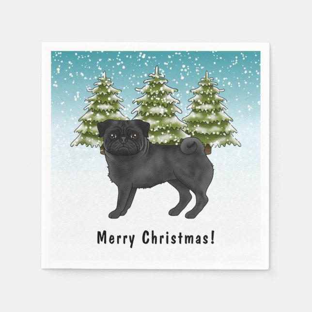 Guardanapo De Papel Black Pug Cute Cartoon Dog Snowy Winter Forest (Frente)