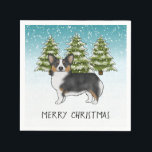 Guardanapo De Papel Black Tricolor Pembroke Corgi Dog Winter Christmas<br><div class="desc">A ilustração original do desenho de Destei de um cão da raça Pembroke Welsh Corgi, um tricolor negro. O cão é colocado numa cena de inverno com três árvores de abeto verde e neve caindo. O fundo é um gradiente azul a branco que dá à design aquele olhar frio do...</div>