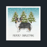 Guardanapo De Papel Black Tricolor Pembroke Corgi Dog Winter Christmas<br><div class="desc">A ilustração original do desenho de Destei de um cão da raça Pembroke Welsh Corgi, um tricolor negro. O cão é colocado numa cena de inverno com três árvores de abeto verde e neve caindo. O fundo é um gradiente azul a branco que dá à design aquele olhar frio do...</div>