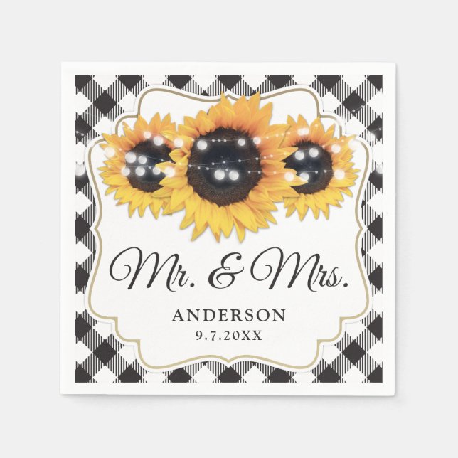 Guardanapo De Papel Black White Buffalo Sunflower Sr. & Sra. Wedding (Frente)