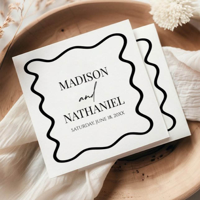 Guardanapo De Papel Black White Elegant Wavy Border Wedding (Criador carregado)
