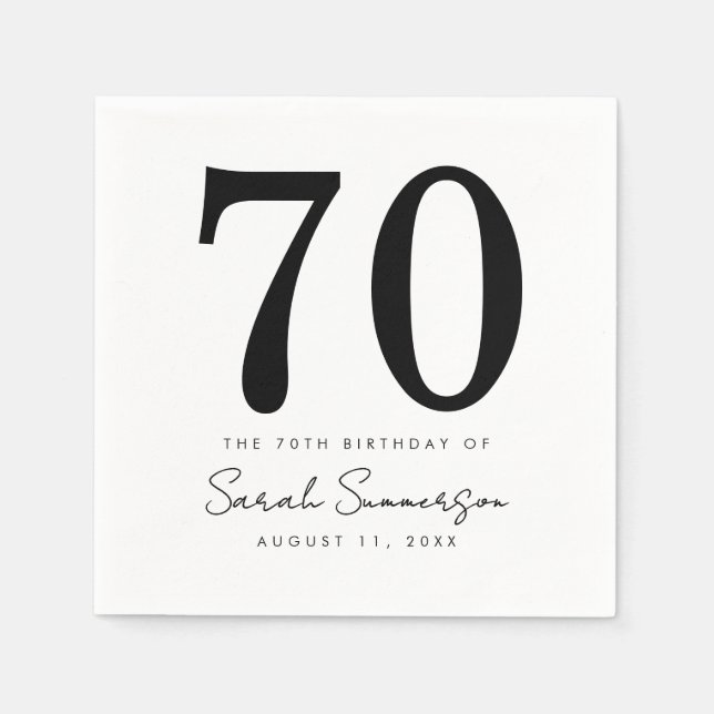 Guardanapo De Papel Black White Name Date Seventy 70th Birthday Party (Frente)