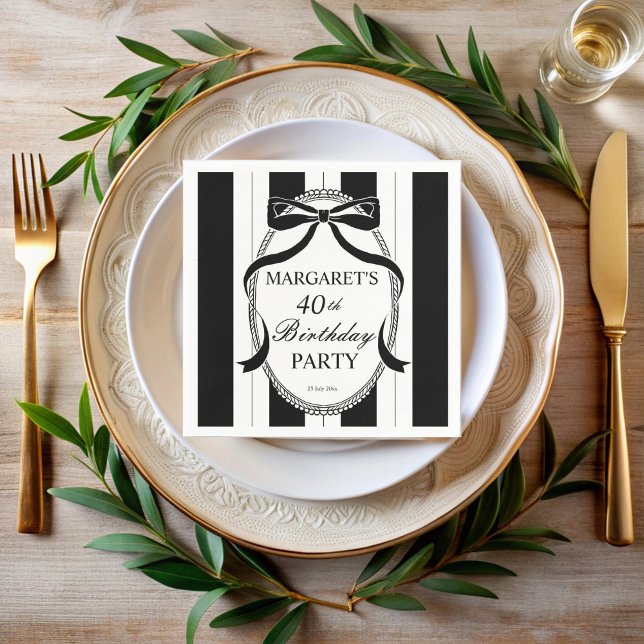 Guardanapo De Papel Black white retro stripes bow birthday monogrammed (Black white retro stripes bow border adults birthday party elegant monogrammed printed napkins)