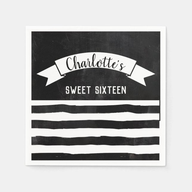 Guardanapo De Papel Black & White Stripes Chalkboard Modern Sweet 16 (Frente)