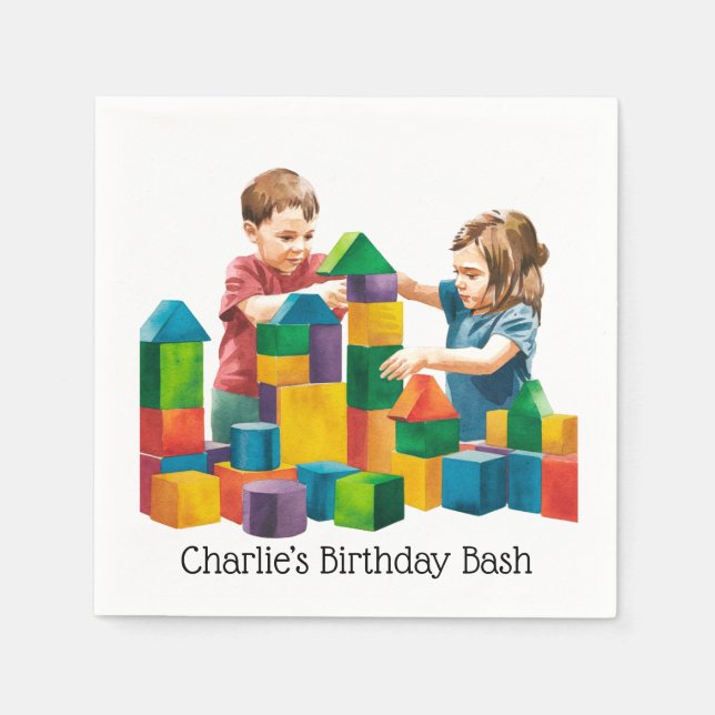 Guardanapo De Papel Blocos de Edifício na Bacia de Aniversário (Frente)