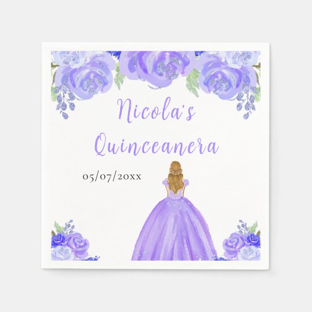 Guardanapo De Papel Blonde Hair Princess Purple Floral Quinceanera (Frente)