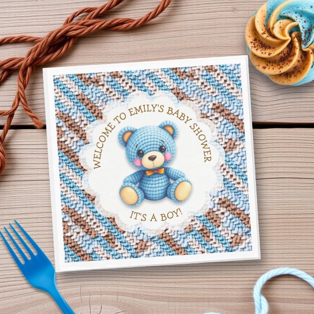 Guardanapo De Papel Blue and Brown Crocheted Teddy Bear It's a Boy (Criador carregado)