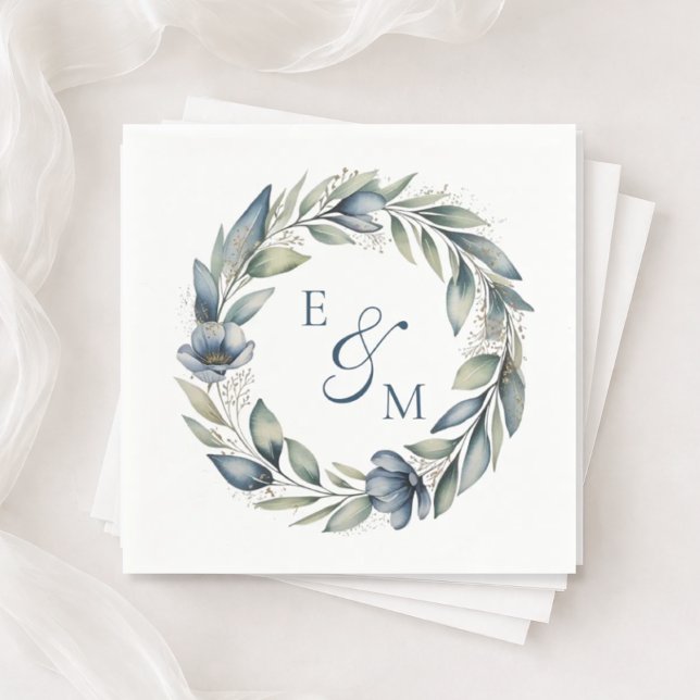 Guardanapo De Papel Blue and Sage Floral Wreath Wedding Napkin (Criador carregado)