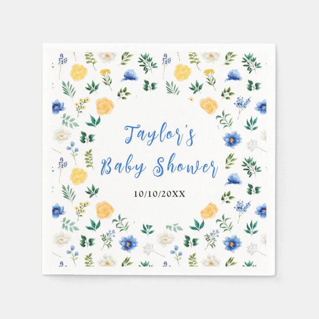 Guardanapo De Papel Blue and Yellow Floral Baby Shower (Frente)