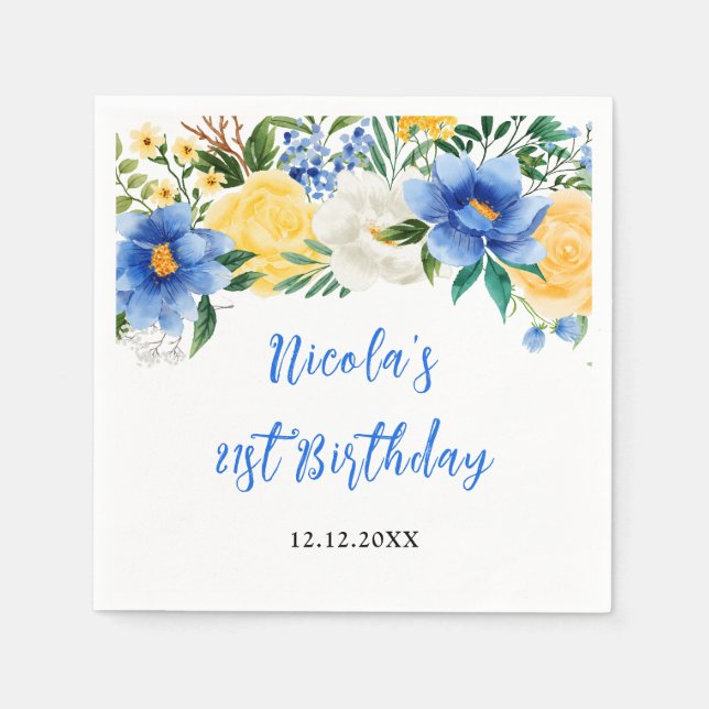 Guardanapo De Papel Blue and Yellow Floral Birthday (Frente)