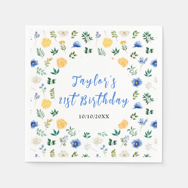 Guardanapo De Papel Blue and Yellow Floral Birthday (Frente)