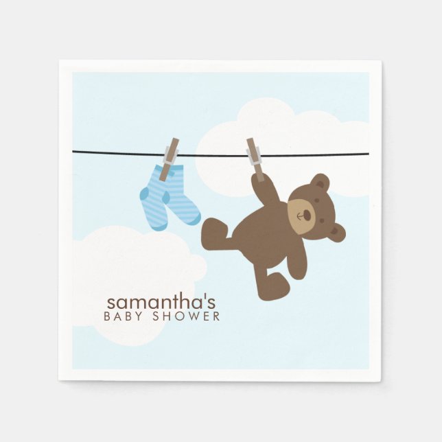 Guardanapo De Papel Blue Baby Clothesline e Teddy Bear (Frente)