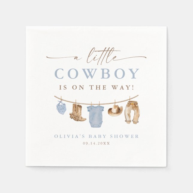 Guardanapo De Papel Blue Baby Clothesline Little Cowboy Baby Shower (Frente)