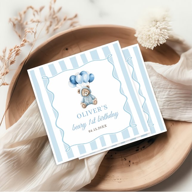 Guardanapo De Papel Blue Balloons Teddy Bear Birthday Paper Napkin (Criador carregado)