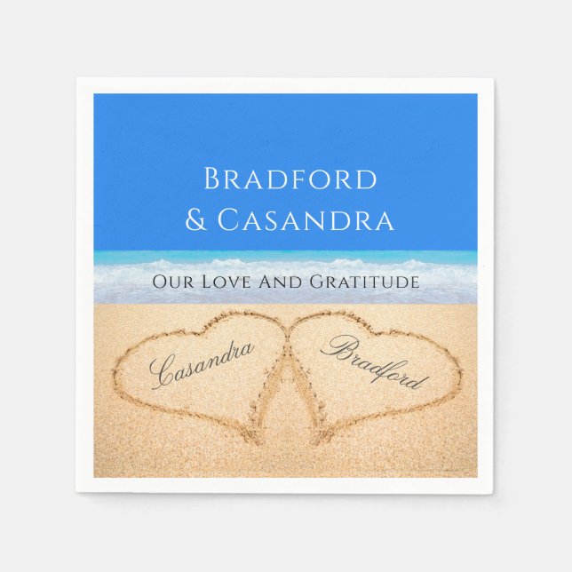Guardanapo De Papel Blue Beach Wedding 2 Hearts in the Sand (Frente)