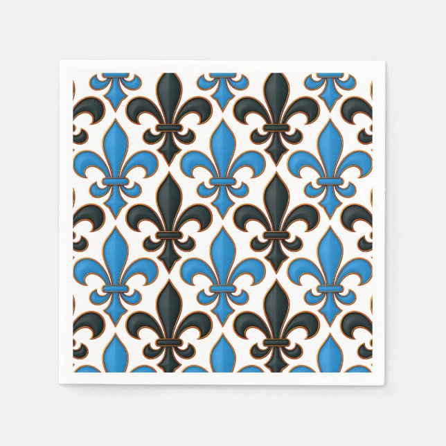 Guardanapo De Papel Blue Black Baroque Fleur-de-lis Pattern Design  (Frente)
