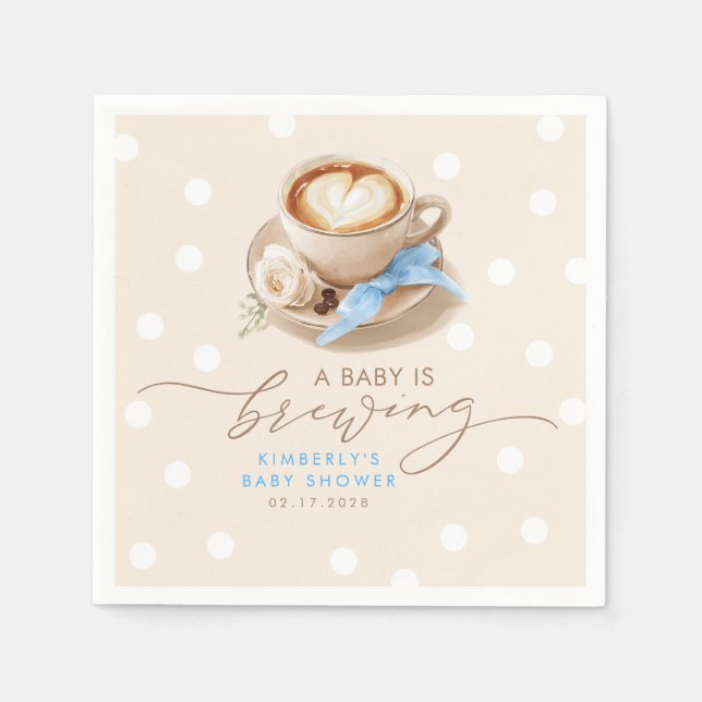 Guardanapo De Papel Blue Bow Coffee Baby Is Brewing Boy Baby Shower (Frente)