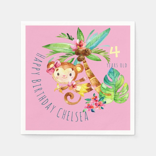 Guardanapo De Papel Blue Cute Monkey Personalized Happy Birthday (Frente)