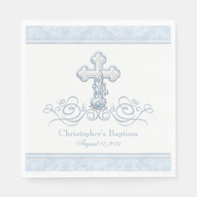 Guardanapo De Papel Blue Damask Cross Baptism Comunhão Napkins (Frente)