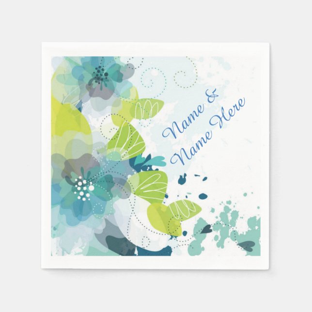 Guardanapo De Papel Blue Floral Custom Name Paper Coctail Napkins (Frente)