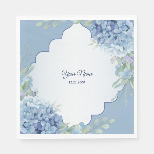 Guardanapo De Papel Blue Floral Green Leaves Frame Wedding Party (Frente)