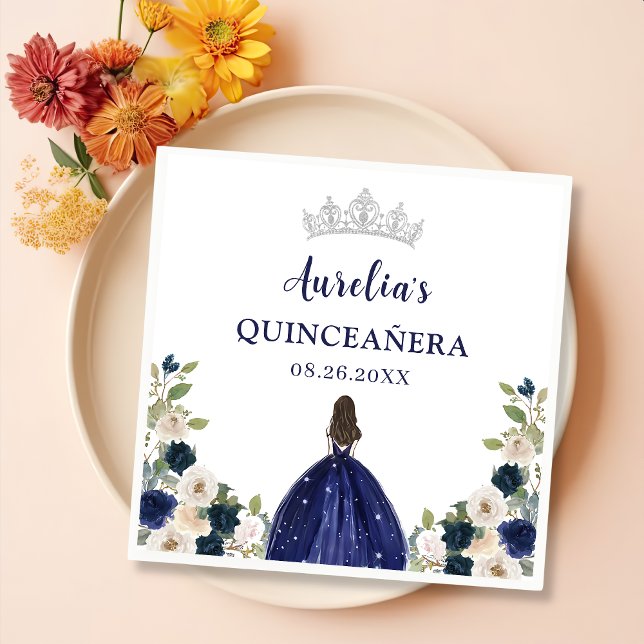 Guardanapo De Papel Blue Floral Princess Quinceanera Birthday (Criador carregado)