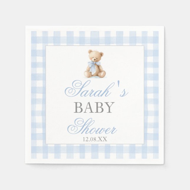 Guardanapo De Papel Blue Gingham Bear Baby Shower (Frente)