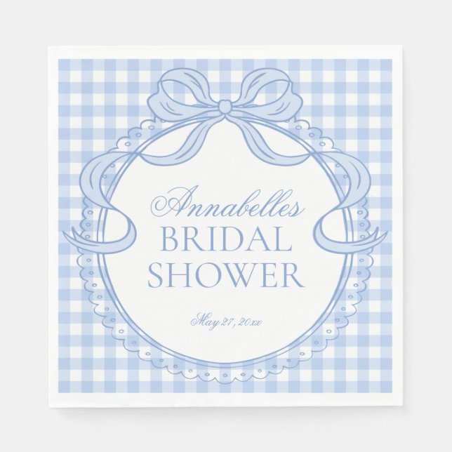 Guardanapo De Papel Blue Gingham Coquette Bow Bridal Shower Dessert (Frente)