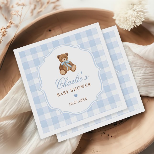 Guardanapo De Papel Blue Gingham Elegant Teddy Bear Baby Shower (Criador carregado)