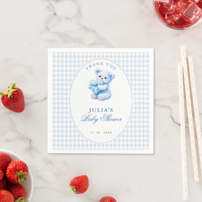 Guardanapo De Papel Blue Gingham Teddy Bear Neutral Baby Shower (Insitu)