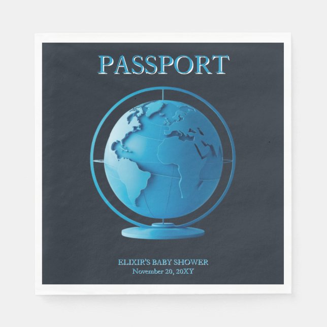Guardanapo De Papel Blue Globe Passport Travel Baby Shower (Frente)
