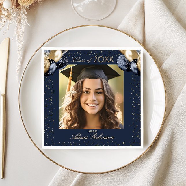 Guardanapo De Papel Blue Gold Balloon Glitter Graduation Party Photo (Criador carregado)