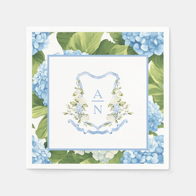 Guardanapo De Papel Blue Hydrangea Crest Monogram (Frente)