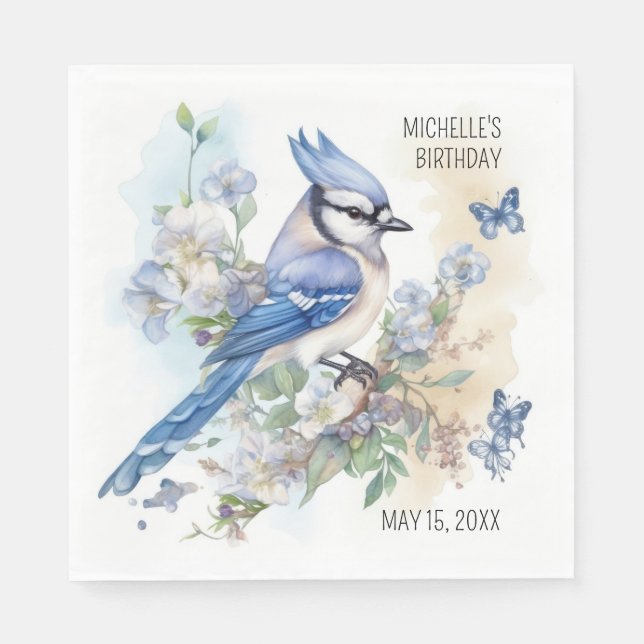 Guardanapo De Papel Blue Jay Bird Flowers Springtime Aniversário Name (Frente)