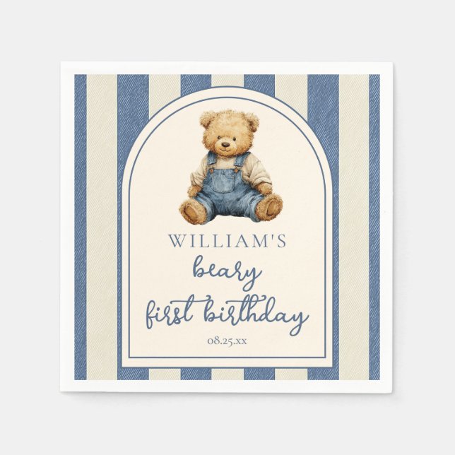 Guardanapo De Papel Blue Jean Denim Teddy Bear 1st Birthday (Frente)