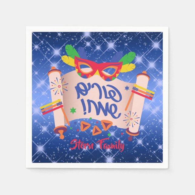 Guardanapo De Papel Blue Megillah Hamantash Grogger Happy Purim (Frente)