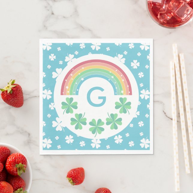 Guardanapo De Papel Blue Monograma Clover & Rainbow Boy Lucky One (Insitu)