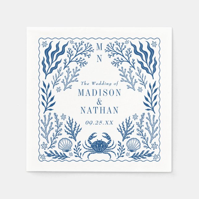 Guardanapo De Papel Blue Nautical Crab Shell Ocean Beach Wedding (Frente)
