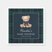 Blue Plaid Teddy Bear Baby Shower Napkins