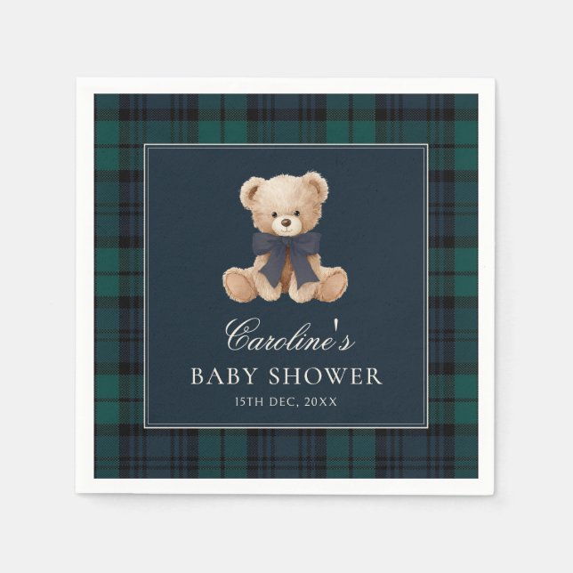 Guardanapo De Papel Blue Plaid Teddy Bear Baby Shower Napkins (Frente)