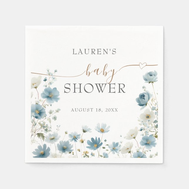 Guardanapo De Papel Blue Preppy Flowers Watercolor Baby Shower (Frente)