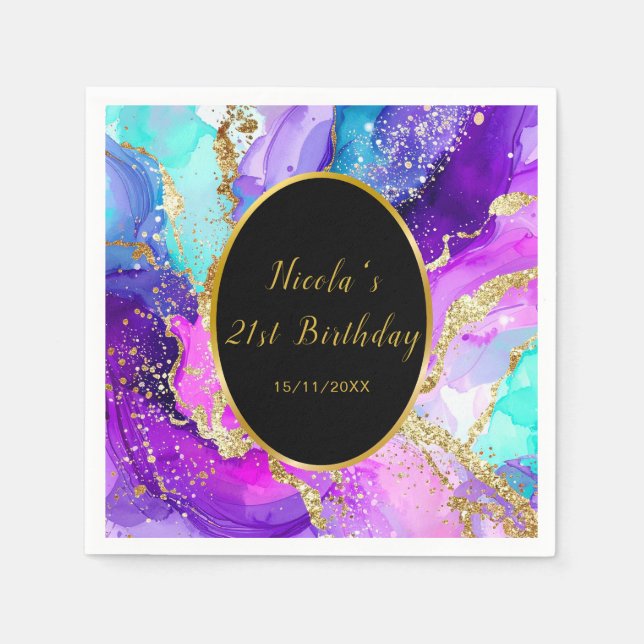 Guardanapo De Papel Blue, Purple and Gold Ink Birthday Party (Frente)