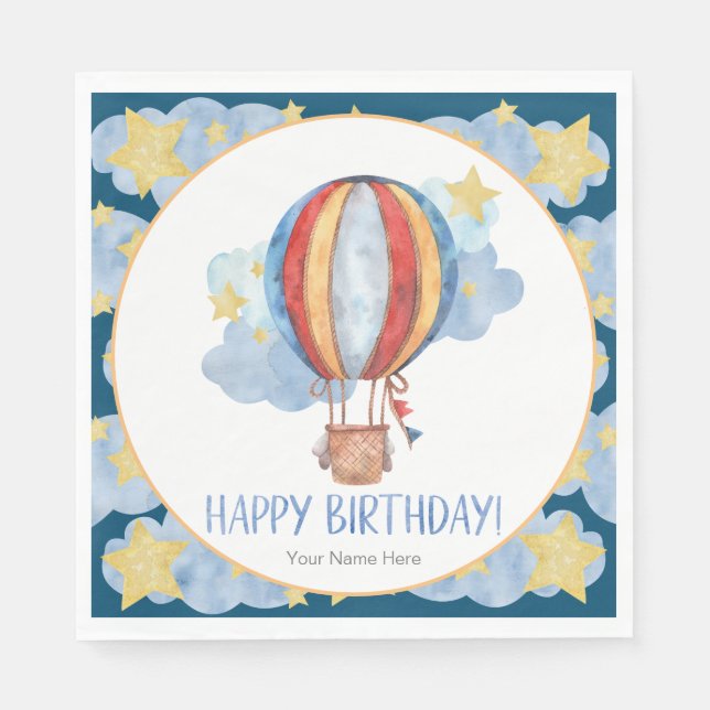 Guardanapo De Papel Blue Red Hot Air Balloon Stars Kids Feliz Aniversá (Frente)